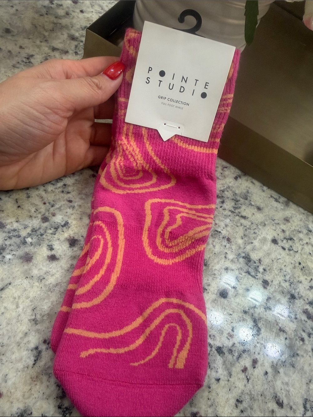 Pilates Hot Pink Grip Socks with Yellow Swirl Traction